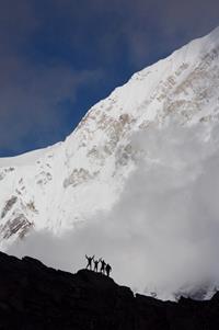 Climbers dwarfed by Nuptse.